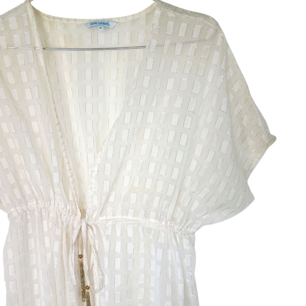 Blue Island White Gold Metallic Tassel Drawstring Swim Cover Up Kaftan S - Picture 4 of 11